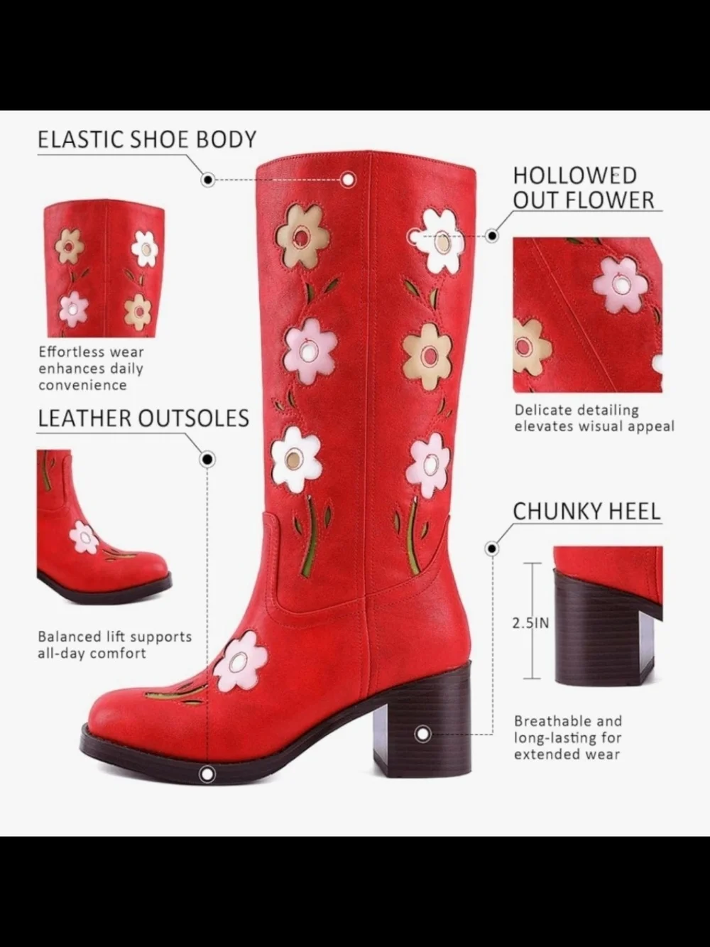 NEW in box, Ladies size 10 red knee high boots with floral pattern